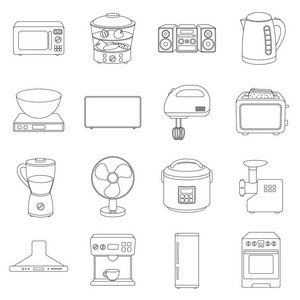 家用电器在大纲样式中设置图标。家用电器的大集合矢量符号股票图