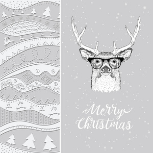圣诞贺卡与鹿在冬天的帽子。圣诞节手绘的民族图案，部落背景。矢量图