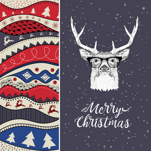 圣诞贺卡与鹿在冬天的帽子。圣诞节手绘的民族图案，部落背景。矢量图