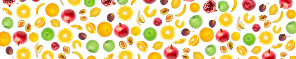 广泛的全景拼贴画新鲜水果隔离在白色背景。香蕉柑橘类水果苹果李子石榴柠檬。斯皮纳利食品