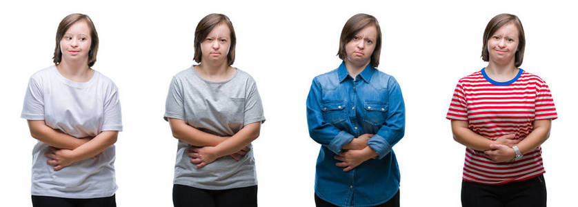 拼贴画的综合征妇女在孤立的背景与手在胃因为消化不良, 痛苦的疾病感觉不适。疼痛概念