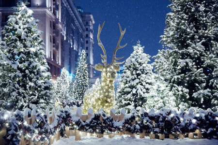 夜间冬天莫斯科在雪中。为新年装饰的马涅格广场