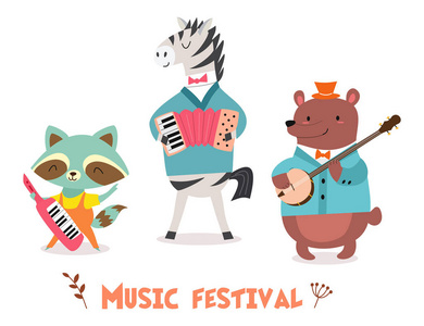 在森林中的浣熊时尚的卡片或海报与可爱的动物乐队在卡通风格.