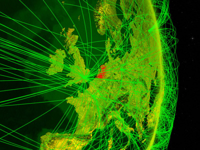 荷兰在数字地球上的网络。连接旅行和通信的概念。3d 插图。美国宇航局提供的这张图片的元素