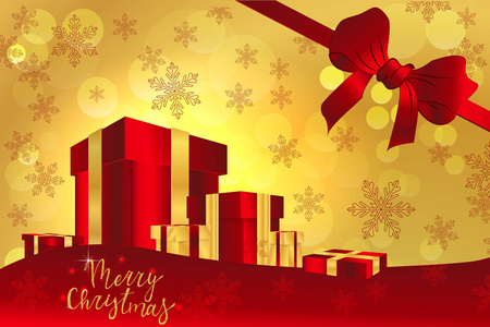 圣诞贺卡与红色礼物和雪花在一个金色的背景红色弓