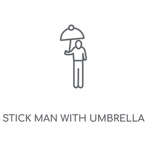 棒人与伞线性图标。棒人与伞概念中风符号设计。薄的图形元素向量例证, 在白色背景上的轮廓样式, eps 10