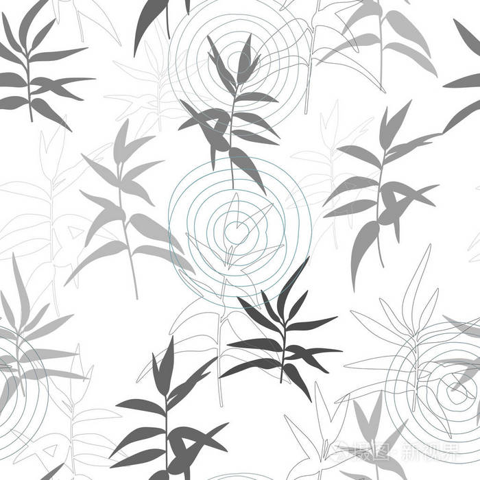 现代矢量无缝模式, 具有程式化小树枝和简单几何形状的植物学主题, 如