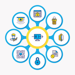 9个隐私图标彩色线的矢量插图。可编辑的强密码作者权限数据加密和其他图标元素