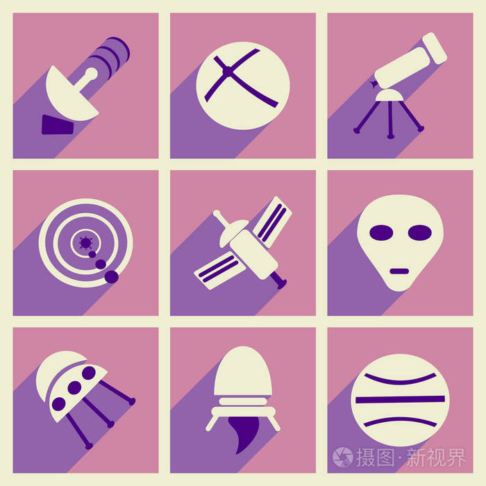 一套与长长的阴影空间物体平面图标