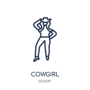 牛仔女孩图标。牛仔女孩线性符号设计从沙漠收集。简单的大纲元素向量例证在白色背景