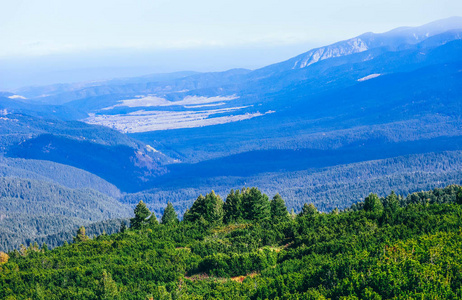 从绿色山谷的山顶看风景照片