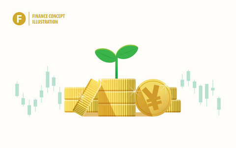 硬币堆日元货币和植物树苗顶部与股票图形背景说明向量。财务理念