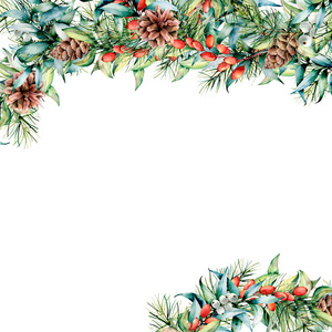 水彩画圣诞贺卡与花环。手绘桉树和冷杉分枝, 浆果和叶子, 松果孤立在白色背景。用于设计打印的假日卡