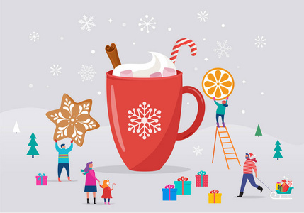 圣诞快乐, 冬季场景与一个大可可杯和小的人, 年轻的男人和女人, 家庭在雪, 滑雪, 滑雪板, 雪橇, 滑冰