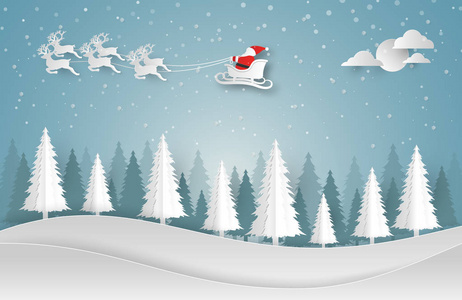 圣诞快乐, 新年快乐。圣诞老人, 雪人和圣诞树, 纸艺和数码工艺风格。矢量插图