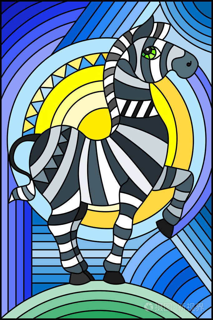 蓝色背景下带有抽象几何斑马和太阳的彩色玻璃风格插图