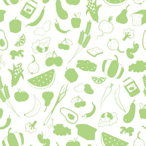 在主题的素食主义, 杂货店图标, 简单的绿色剪影图标在白色背景上无缝模式
