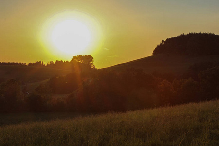日落在德国南部的阿尔高晚上与树在地平线上和绿色草甸风景
