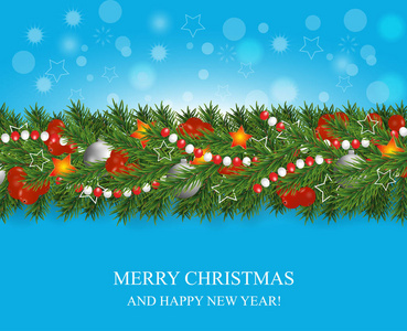 圣诞节和快乐的新年花环和边境的圣诞树树枝装饰着冬青浆果和银色的小球星星和珠子。蓝色背景的假日装饰。向量例证