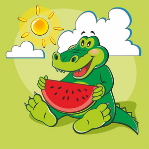 卡通鳄鱼吃西瓜照片