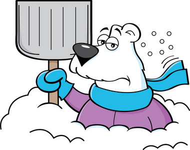 卡通北极熊抱着雪铲