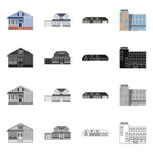 建筑和前面标志的向量例证。网站建筑和屋顶股票符号的收集