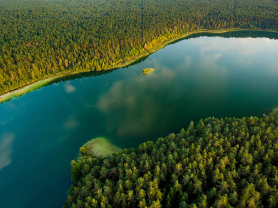 鸟瞰风景的翡翠湖, 四周环绕着松树林.