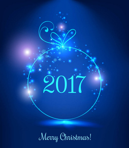 闪亮的圣诞球上深蓝色背景光 星星 雪花的快乐圣诞 2017年庆祝。矢量 eps 图