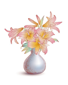 用粉色的百合鲜花的花瓶