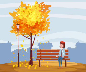秋天, 快乐的女孩坐在长凳上一杯咖啡, 树下有落叶在公园里, 城市, 城市, 向量, 插图, 孤立