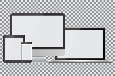 组的现实电脑显示器 笔记本电脑 平板电脑和手机。电子小玩意，孤立，孤立的背景