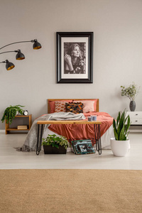 时尚卧室的垂直视图与特大号床与锈色床上用品, 海报在墙上和绿色植物, 真实的照片