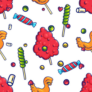 五颜六色的卡通涂鸦与轮廓甜糖果 seampless 图案的背景包装纸和包装.