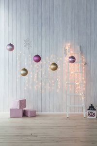 白色背景上的圣诞装饰。粉红色的礼品盒用金色和球