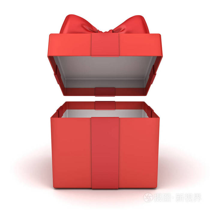 打开礼品盒或空白红色礼物盒与红色丝带弓查出在白色背景与阴影3d