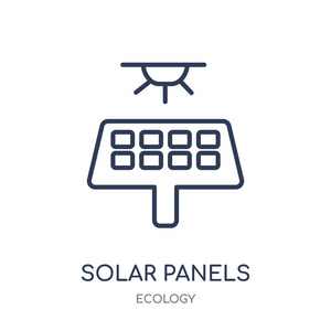 太阳能电池板图标。太阳能电池板线性符号设计从生态学汇集。简单的大纲元素向量例证在白色背景