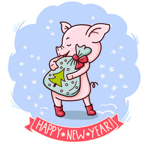 冬天例证与可爱的动画片猪与礼物。向量