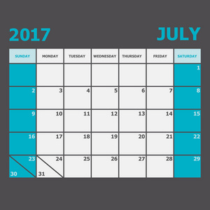 7 月 2017年日历中的周从星期日开始