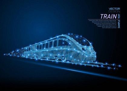 摘要多边形轻型高速通勤旅客列车。业务线框网球从飞溅的碎片。旅行理念。蓝色结构样式向量例证