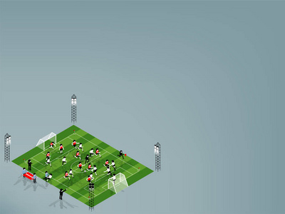 美丽的等距平面设计插画矢量的足球运动员正在打足球足球足球足球体育场与副本空间，足球足球副本空间平面设计概念