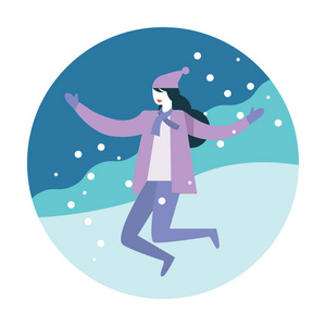 女人在下雪的冬日里享受快乐。平面图标设计。向量例证