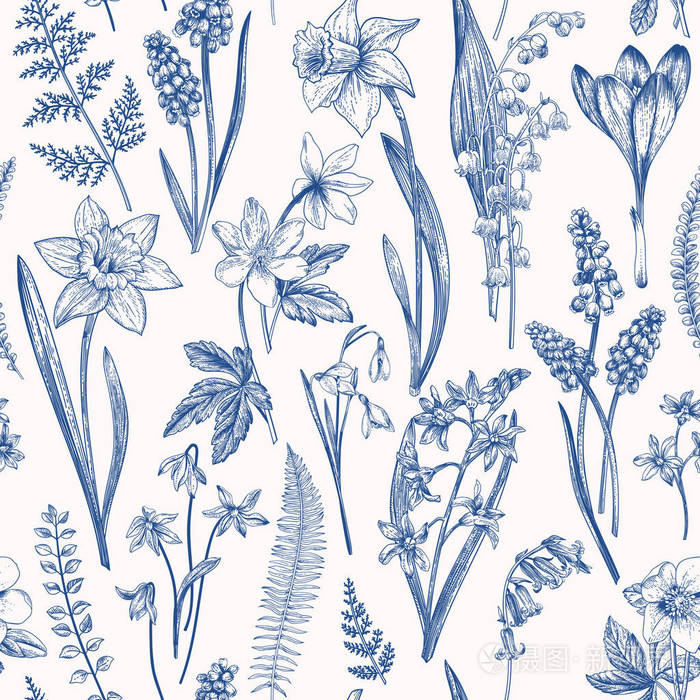 复古无缝花卉图案.春天的花和草药.植物载体例证.