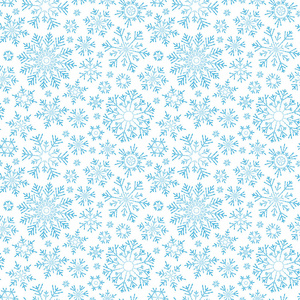 抽象的白色背景下飘落的蓝色雪花的无缝图案。冬季图案为横幅, 问候, 圣诞节和新年贺卡, 邀请, 明信片, 纸包装