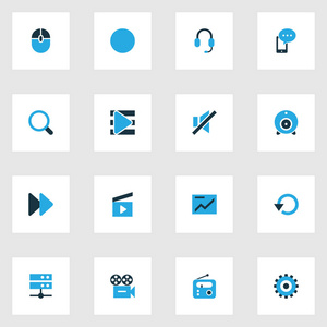 媒体图标设置与搜索, 声音关闭, 耳机和其他图表元素。独立的插图媒体图标