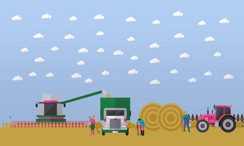 人，农业机械联合收割机 卡车 拖拉机在球场上的矢量