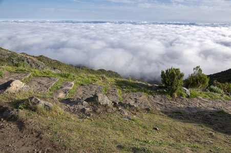 pico ruivo 徒步旅行, 在云层之上, 惊人的神奇景观, 令人难以置信的景色, 阳光明媚的天气与低云, 岛屿马德拉, 葡