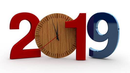 3d 例证 2019年, 日期与木制机械时钟。日历, 新年假期, 庆祝和喜悦的想法。在白色背景上隔离的3d 渲染