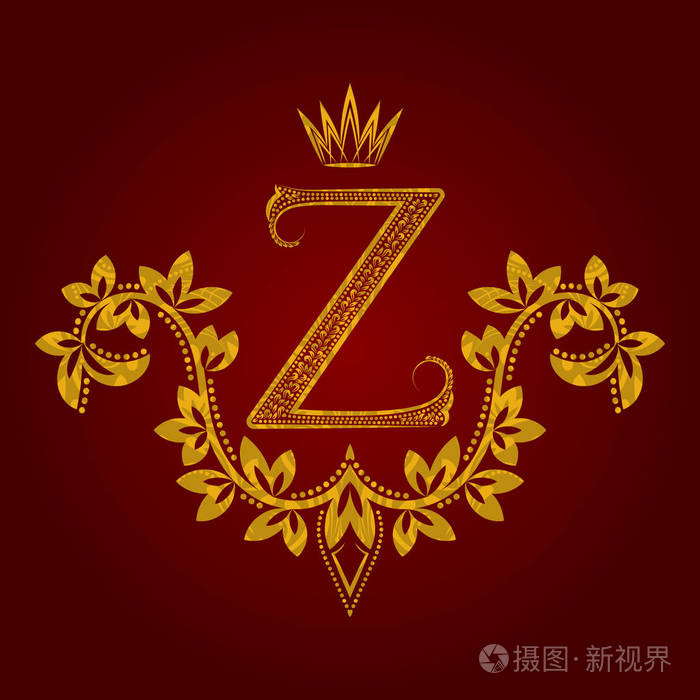 带图案的金色字母 z 字母表在复古风格.纹章徽章.巴洛克式徽标模板