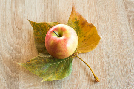 成熟的苹果和秋天叶子在木背景