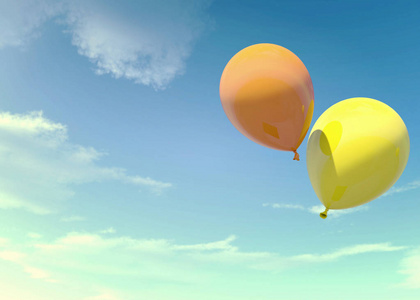 五颜六色的橙色和黄色气球漂浮在老式的彩色滤光片的暑假，概念的夏天，假期，和快乐